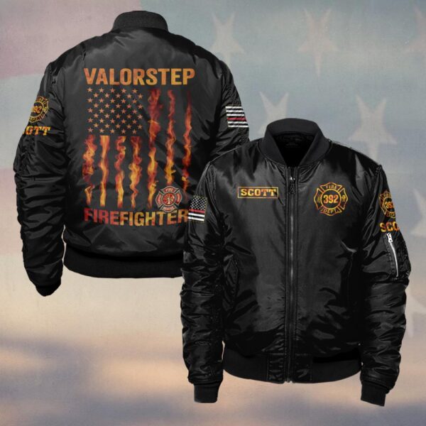 Custom Name & Number Firefighter Flag of Flames #DQH0257 - Bomber Jacket