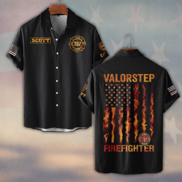 Custom Name & Number Firefighter Flag of Flames #DQH0257 - Short Sleeve Button Shirt
