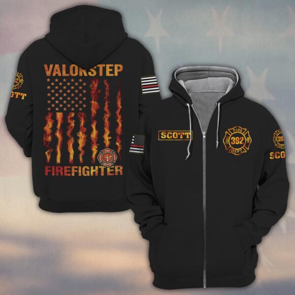 Custom Name & Number Firefighter Flag of Flames #DQH0257 - Zip Hoodie
