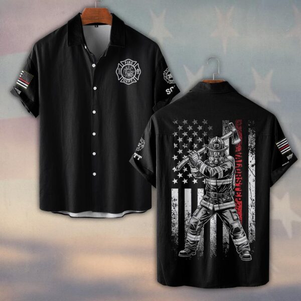 Custom Name & Number & Department  Red Line Defender Firefighter #DQH0259 - Short Sleeve Button Shirt