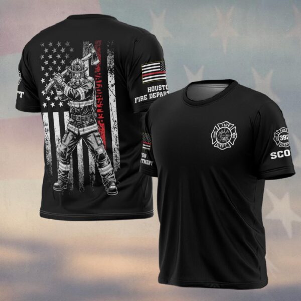 Custom Name & Number & Department  Red Line Defender Firefighter #DQH0259 - T-shirt