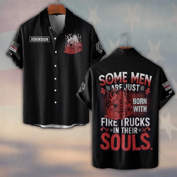 Custom Name & Fire Department Firetrucks In Their Souls #DQH0262 - Short Sleeve Button Shirt