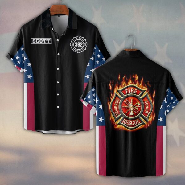 Custom Name & Fire Department & Number Honor Courage Sacrifice American Edition #DQH0263 - Short Sleeve Button Shirt