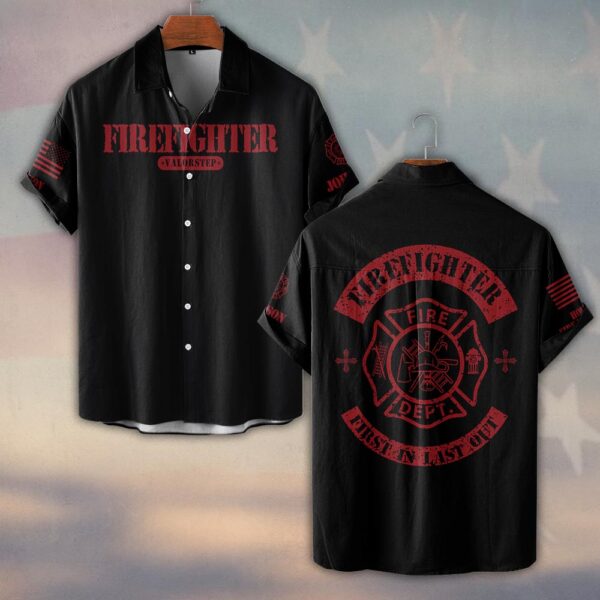 Custom Name & Fire Department First In, Last Out Firefighter #DQH0267 - Short Sleeve Button Shirt
