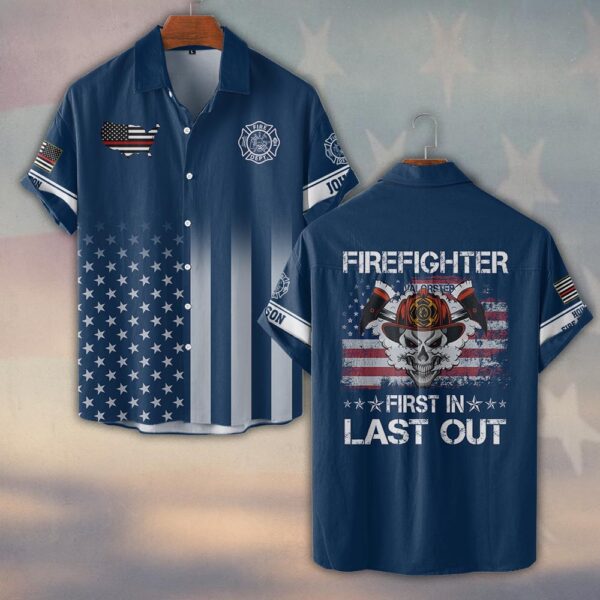 Custom Name & Fire Department Proud to Be First In Firefighter #DQH0269 - Short Sleeve Button Shirt