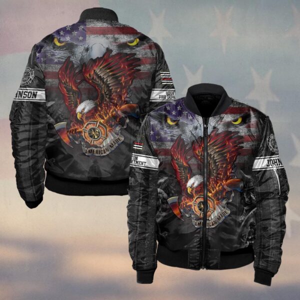 Custom Name & Fire Dept Patriotic Eagle Blaze Firefighter #DQH0273 - Bomber Jacket