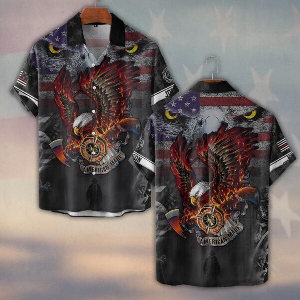 Custom Name & Fire Dept Patriotic Eagle Blaze Firefighter #DQH0273 - Short Sleeve Button Shirt