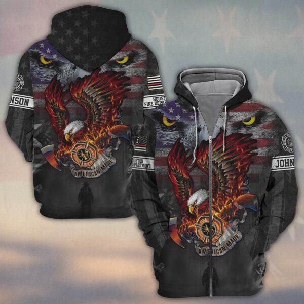 Custom Name & Fire Dept Patriotic Eagle Blaze Firefighter #DQH0273 - Zip Hoodie