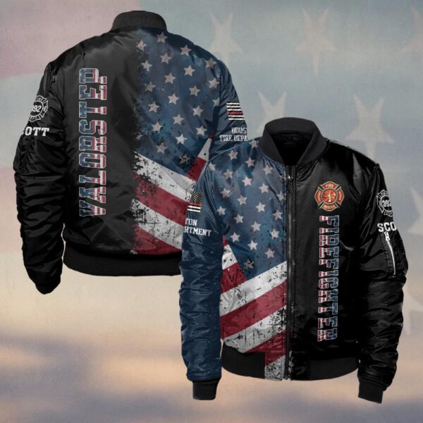 Custom Name, Number & Fire Dept American Flag Split Grunge Firefighter #DQH0282 - Bomber Jacket