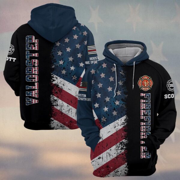 Custom Name, Number & Fire Dept American Flag Split Grunge Firefighter #DQH0282 - Hoodie