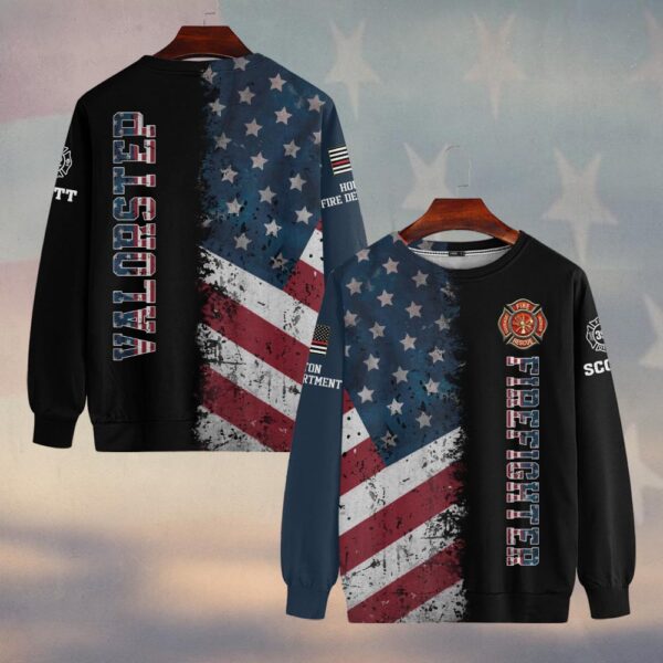 Custom Name, Number & Fire Dept American Flag Split Grunge Firefighter #DQH0282 - Sweatshirt