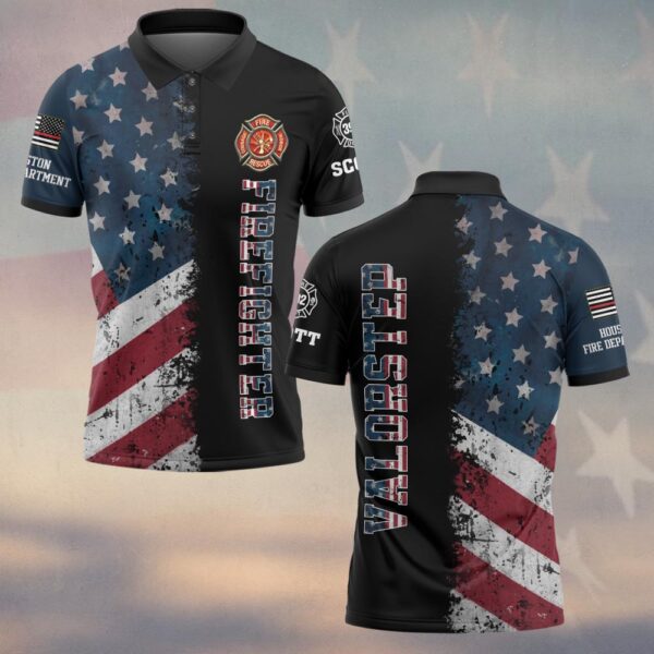 Custom Name, Number & Fire Dept American Flag Split Grunge Firefighter #DQH0282 - Polo
