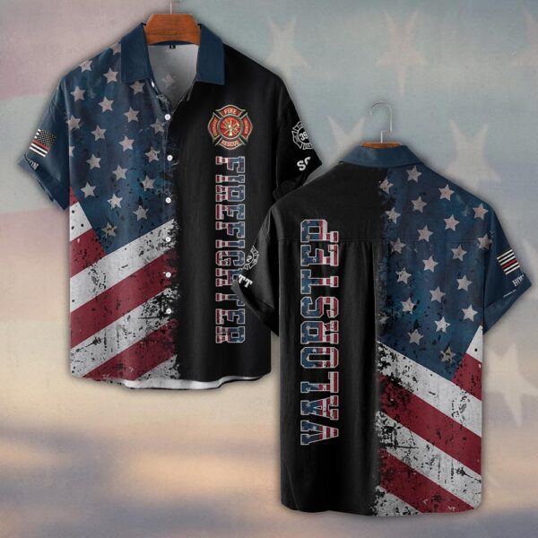 Custom Name, Number & Fire Dept American Flag Split Grunge Firefighter #DQH0282 - Short Sleeve Button Shirt