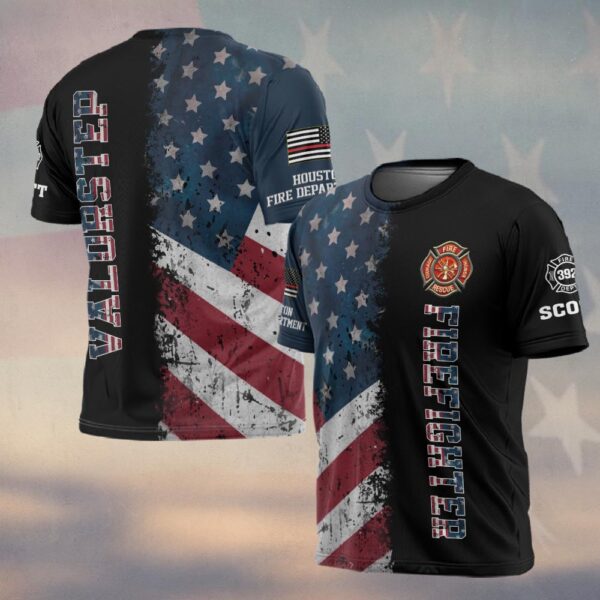 Custom Name, Number & Fire Dept American Flag Split Grunge Firefighter #DQH0282 - T-shirt