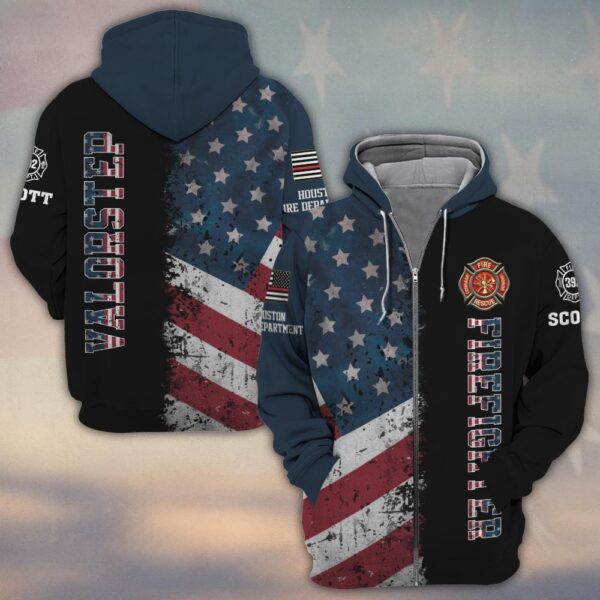 Custom Name, Number & Fire Dept American Flag Split Grunge Firefighter #DQH0282 - Zip Hoodie