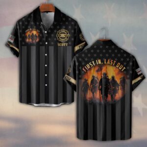 Custom Name, Number & Fire Dept First In – Last Out Shadow Honor Firefighter Jersey #DQH0286 - Short Sleeve Button Shirt