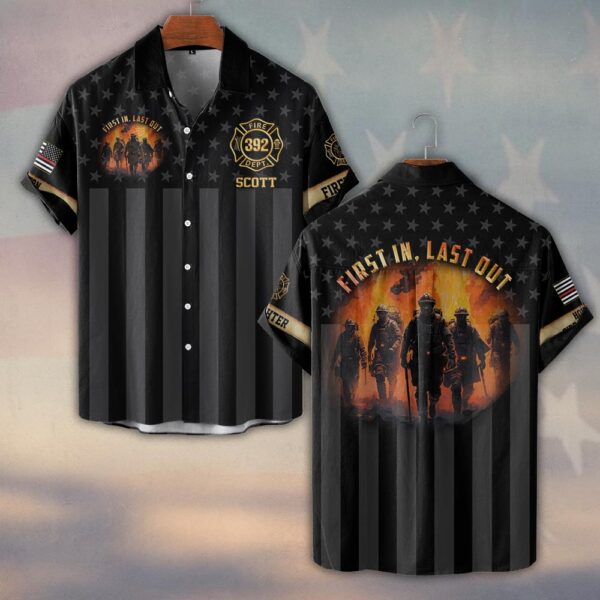 Custom Name, Number & Fire Dept First In – Last Out Shadow Honor Firefighter Jersey #DQH0286 - Short Sleeve Button Shirt