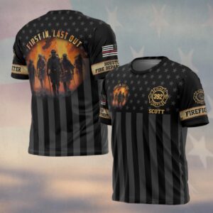Custom Name, Number & Fire Dept First In – Last Out Shadow Honor Firefighter Jersey #DQH0286 - T-shirt