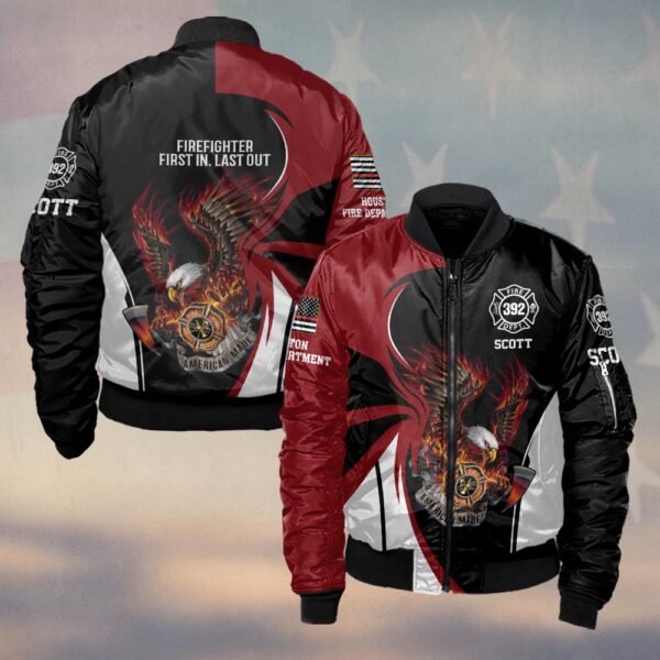 Custom Name, Number & Dept Patriotic Eagle Blaze – Split Red/Black #DQH0287 - Bomber Jacket