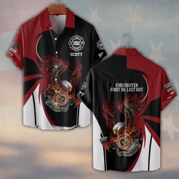 Custom Name, Number & Dept Patriotic Eagle Blaze – Split Red/Black #DQH0287 - Short Sleeve Button Shirt