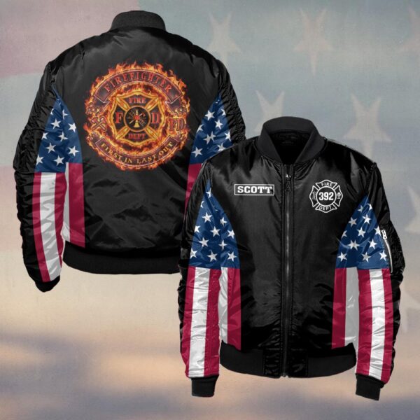 Custom Name & Number Firefighter Blaze Crest – American Flag Edition #DQH0290 - Bomber Jacket