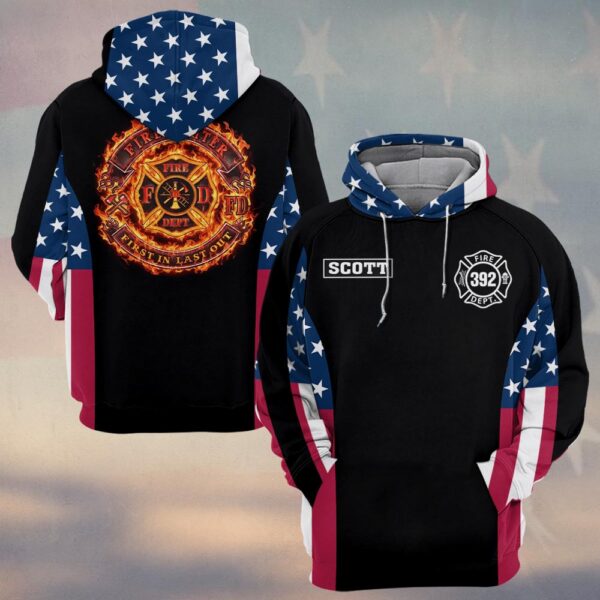 Custom Name & Number Firefighter Blaze Crest – American Flag Edition #DQH0290 - Hoodie
