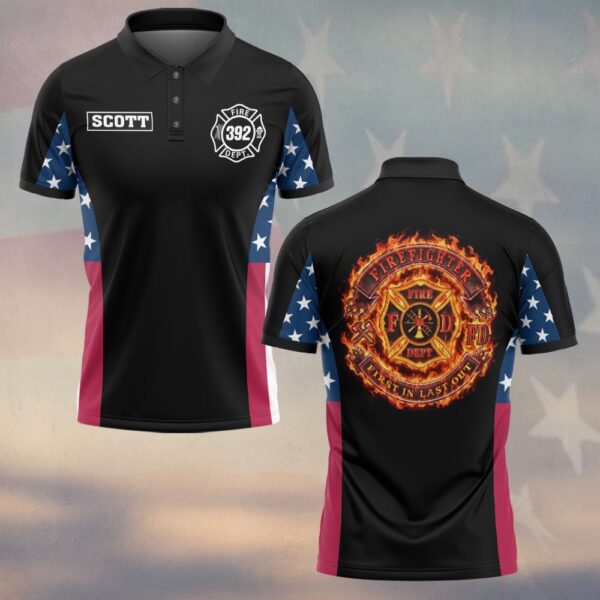 Custom Name & Number Firefighter Blaze Crest – American Flag Edition #DQH0290 - Polo