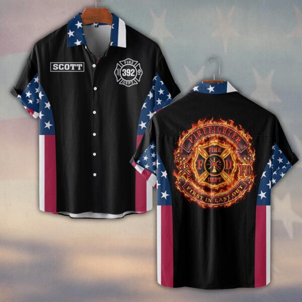 Custom Name & Number Firefighter Blaze Crest – American Flag Edition #DQH0290 - Short Sleeve Button Shirt