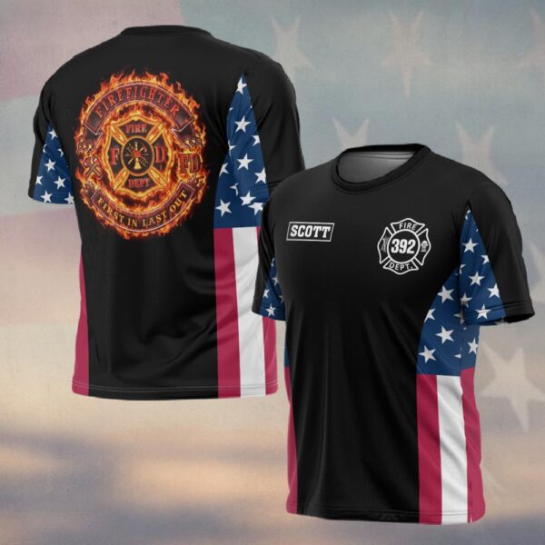 Custom Name & Number Firefighter Blaze Crest – American Flag Edition #DQH0290 - T-shirt