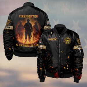 Custom Name, Number & Dept Firefighter Flames Division – We Run Toward The Fire #DQH0291 - Bomber Jacket