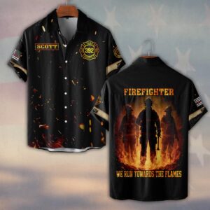 Custom Name, Number & Dept Firefighter Flames Division – We Run Toward The Fire #DQH0291 - Short Sleeve Button Shirt