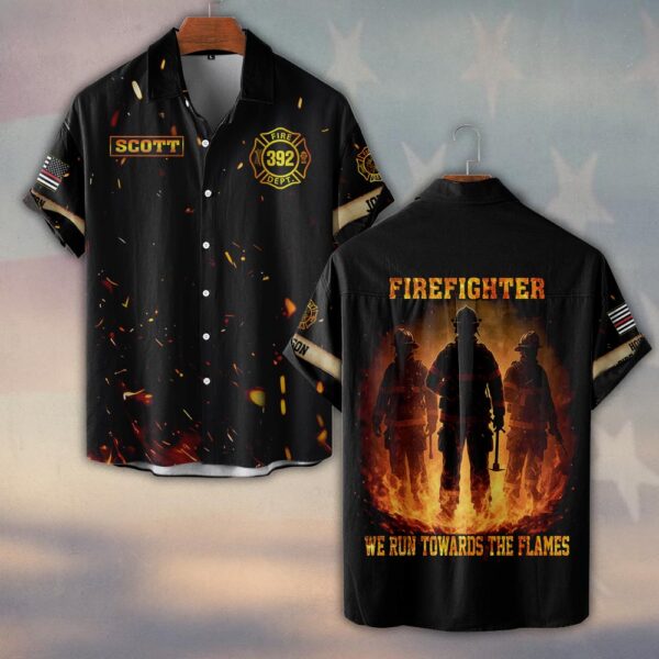 Custom Name, Number & Dept Firefighter Flames Division – We Run Toward The Fire #DQH0291 - Short Sleeve Button Shirt