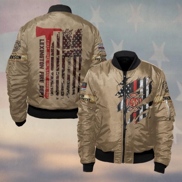Custom Name & Fire Dept Firefighter Axe Flag – Tactical Tan Edition #DQH0292 - Bomber Jacket