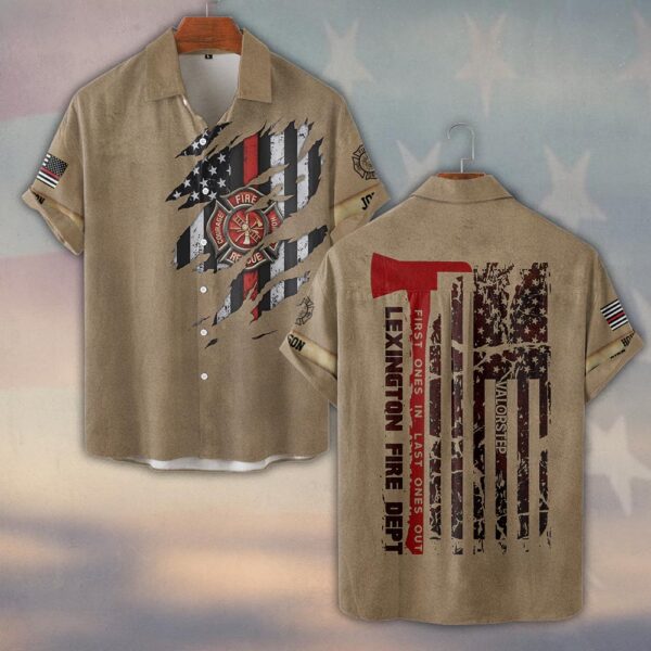 Custom Name & Fire Dept Firefighter Axe Flag – Tactical Tan Edition #DQH0292 - Short Sleeve Button Shirt