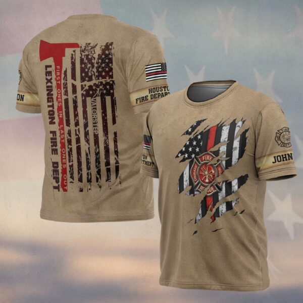 Custom Name & Fire Dept Firefighter Axe Flag – Tactical Tan Edition #DQH0292 - T-shirt