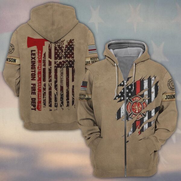 Custom Name & Fire Dept Firefighter Axe Flag – Tactical Tan Edition #DQH0292 - Zip Hoodie