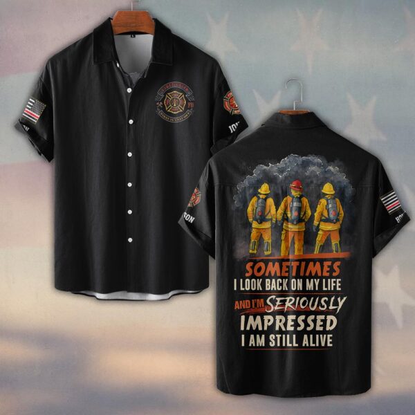 Custom Name & Fire Department Still Alive Funny Firefighter #DQH0295 - Short Sleeve Button Shirt