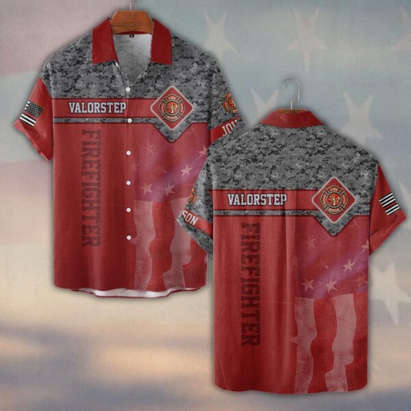 Custom Name Red Line Camo Firefighter #DQH0299 - Short Sleeve Button Shirt