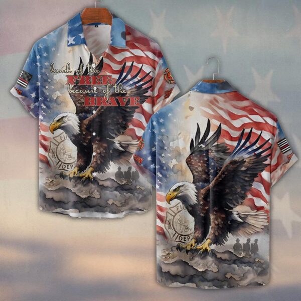 Custom Name & Fire Department Land Of The Brave Firefighter #DQH0354 - Short Sleeve Button Shirt