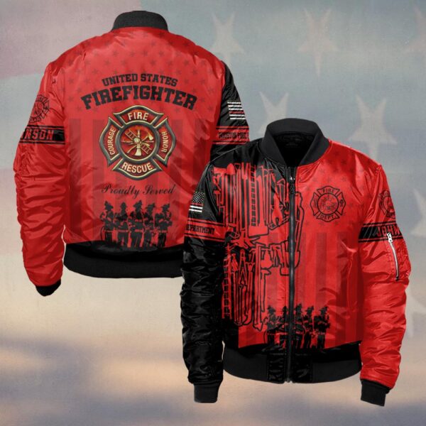 Custom Name & Fire Department Proudly Served Firefighter Red Edition #DQH0355 - Bomber Jacket