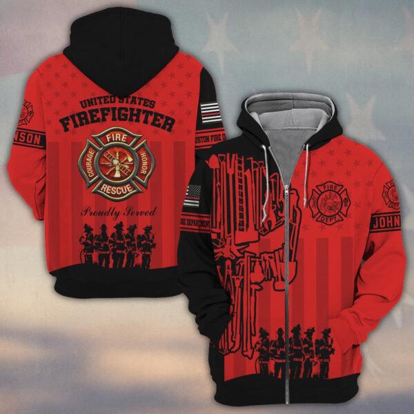 Custom Name & Fire Department Proudly Served Firefighter Red Edition #DQH0355 - Zip Hoodie