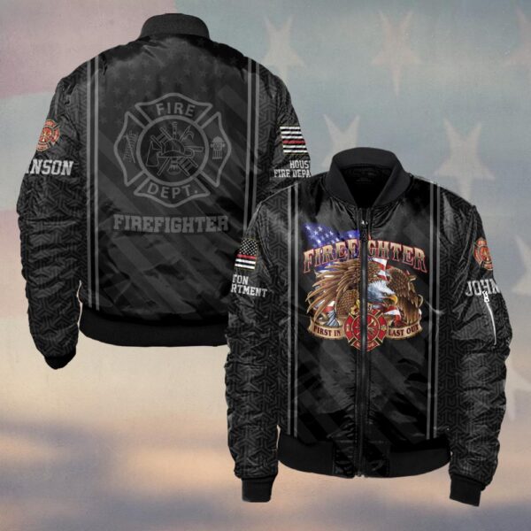 Custom Name & Fire Department First In Last Out Eagle Firefighter #DQH0356 - Bomber Jacket