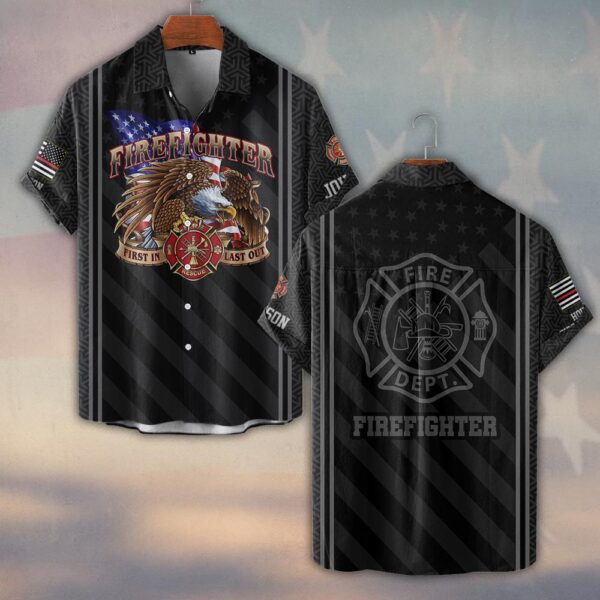 Custom Name & Fire Department First In Last Out Eagle Firefighter #DQH0356 - Short Sleeve Button Shirt