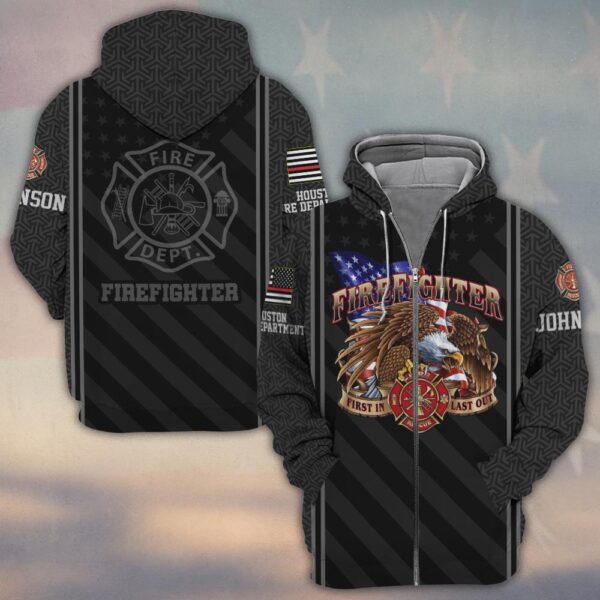 Custom Name & Fire Department First In Last Out Eagle Firefighter #DQH0356 - Zip Hoodie