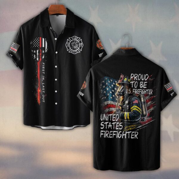 Custom Name & Fire Department Proud to Be U.S. Firefighter #DQH0357 - Short Sleeve Button Shirt