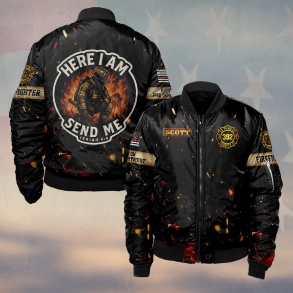 Custom Name & Number & Fire Department Here I Am, Send Me Isaiah 6:8 #DQH0372 - Bomber Jacket