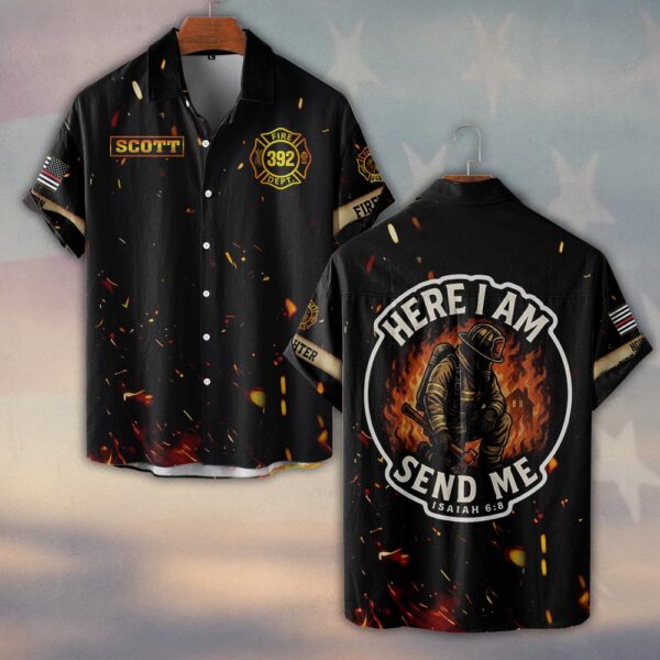 Custom Name & Number & Fire Department Here I Am, Send Me Isaiah 6:8 #DQH0372 - Short Sleeve Button Shirt