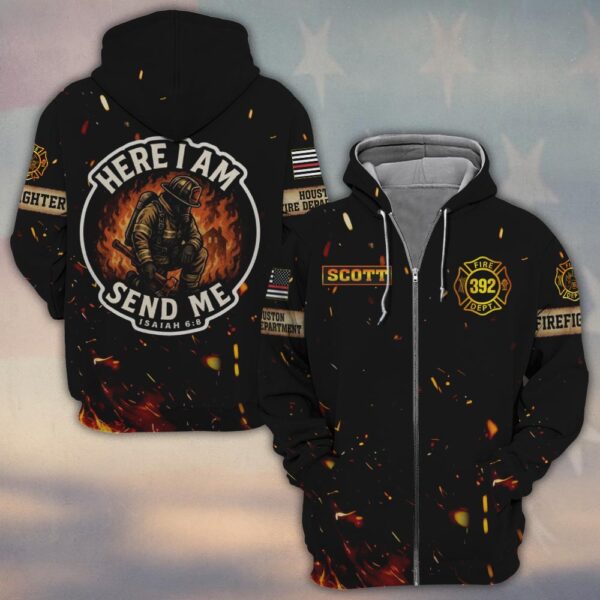 Custom Name & Number & Fire Department Here I Am, Send Me Isaiah 6:8 #DQH0372 - Zip Hoodie
