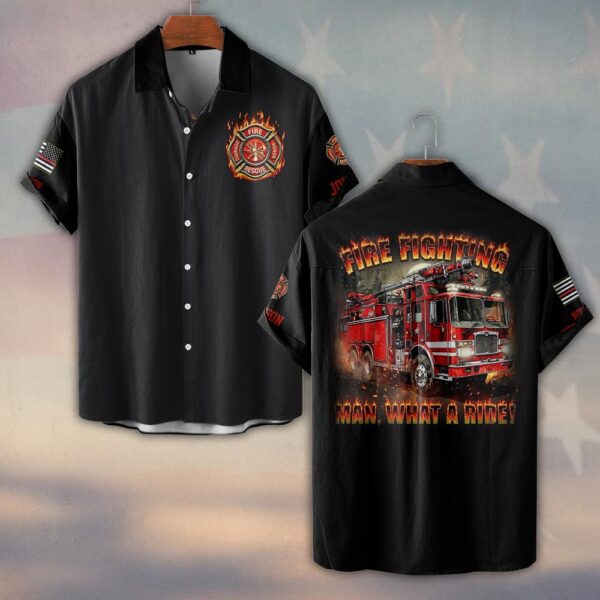 Custom Name & Fire Department Firefighting Man What A Ride #DQH0373 - Short Sleeve Button Shirt