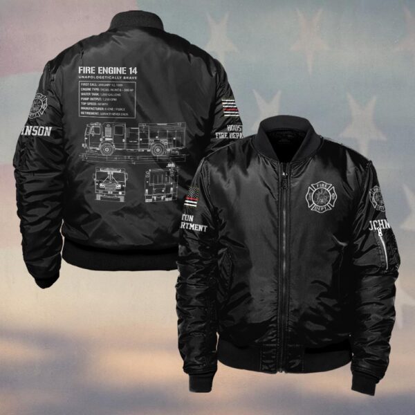 Custom Name & Department Fire Engine Blueprint – Unapologetically Brave #DQH0375 - Bomber Jacket